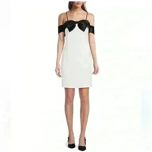 NWT Cleo Two Tone Color Block Off-The-Shoulder Bow Satin Mini Dress - Picture 1 of 8
